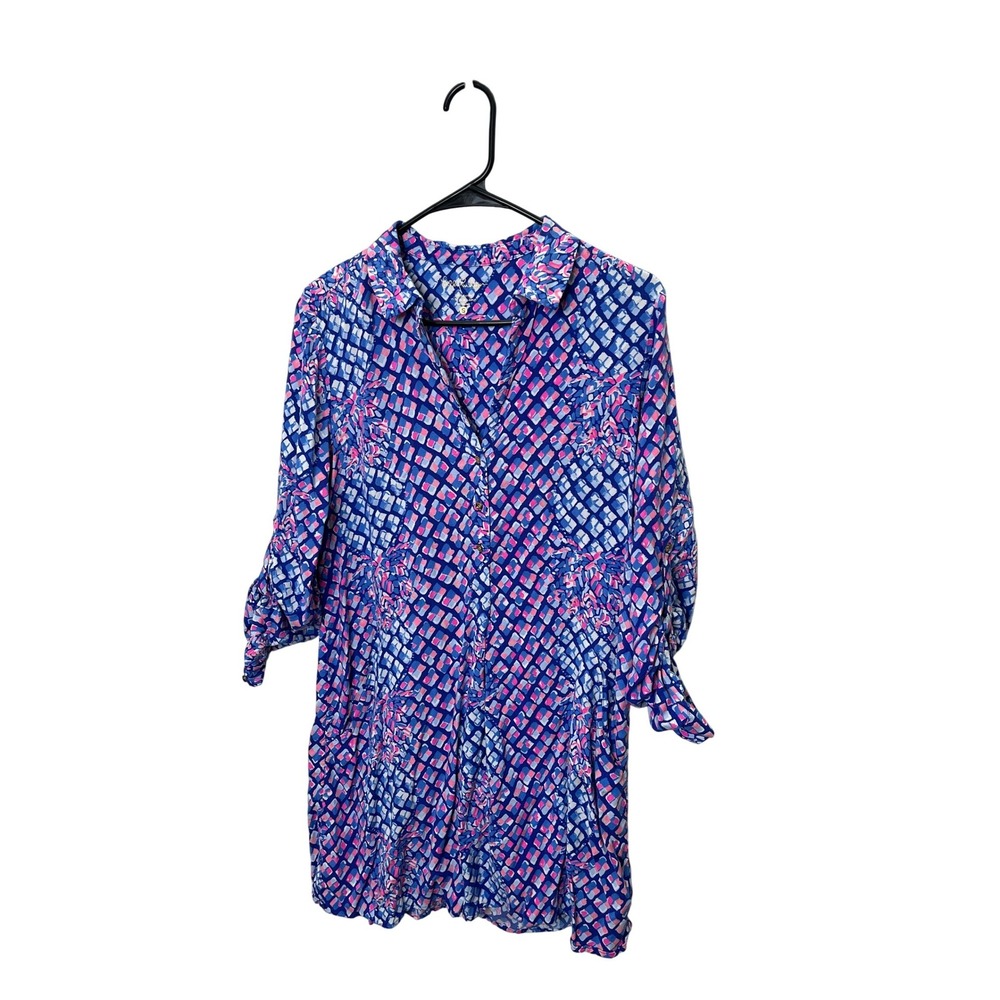 Lilly Pulitzer Womens Blue‎ Pink Geometric Floral Rayon 3/4 Sleeve Shirt Dress S